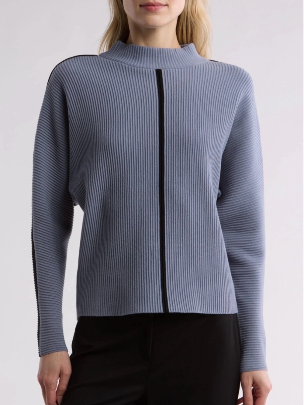 T Tahari Ribbed Mock Neck Colorblock Sweater Mid Steel Blue/ Black Size L